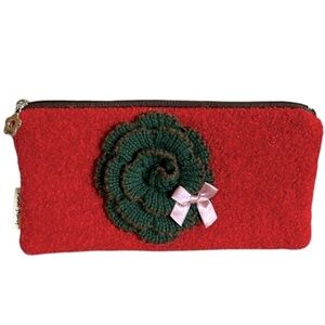Pink Story Felted Wool Clutch Pouch in Burnt Orange with Knit Flower Accent